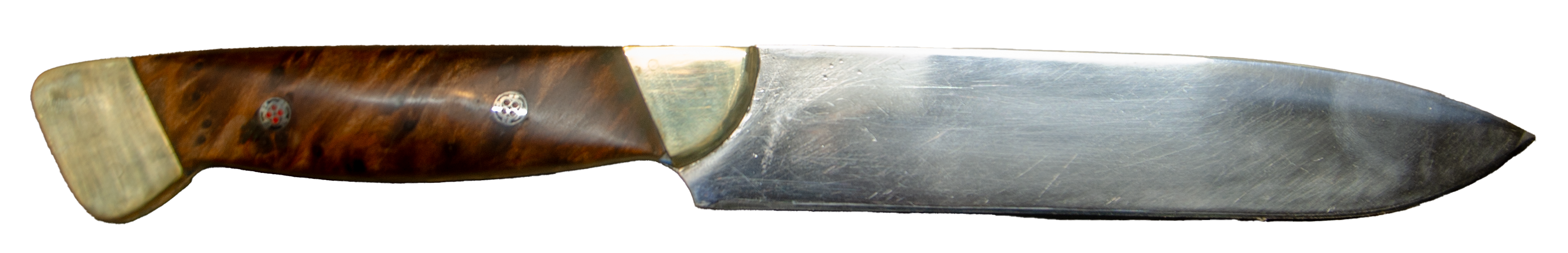 Couteau de cuisine fait à la main, manche en loupe de bois et laiton
